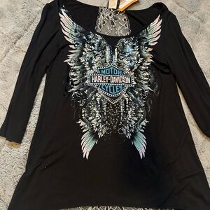 Harley-Davidson Black and Blue Winged Graphic Women's Long Sleeve Top
